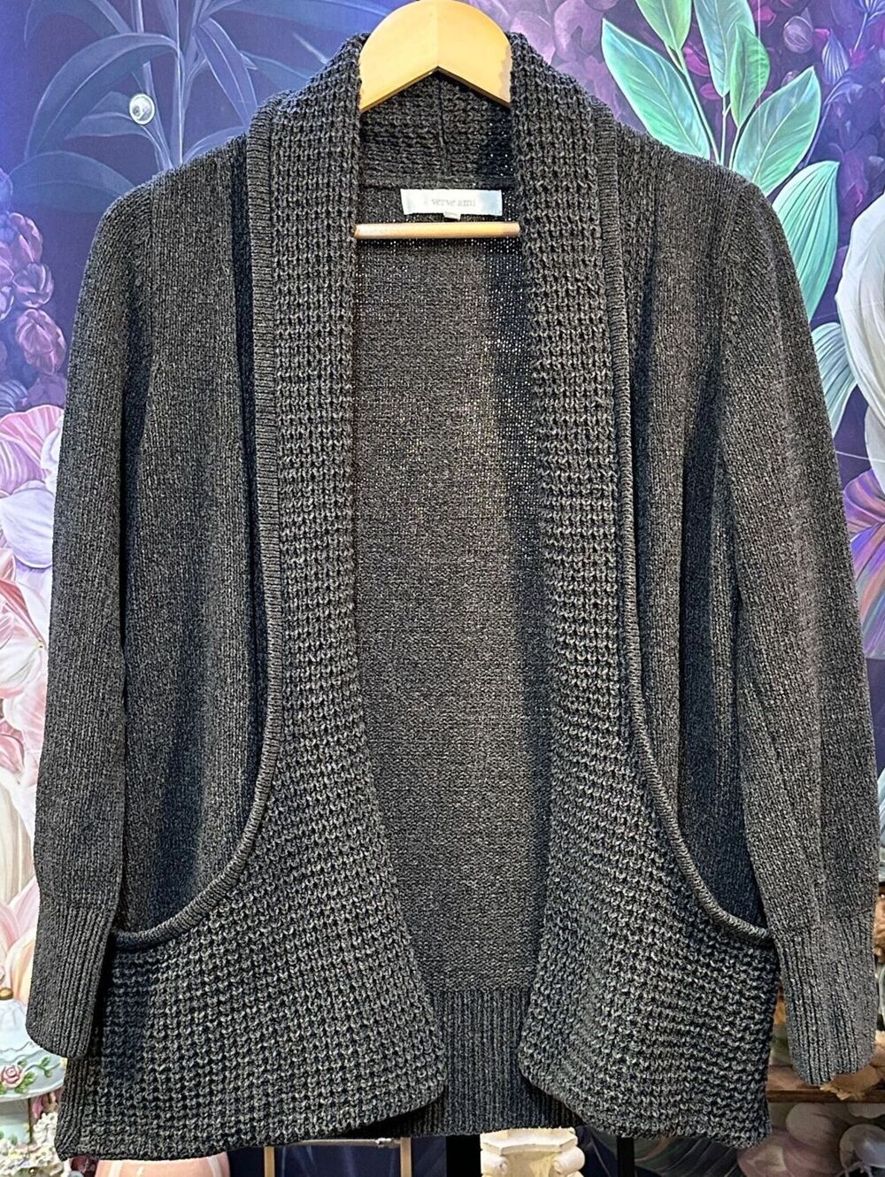 Verve Ami S Charcoal Gray Open Front Cardigan Shawl Collar Pockets Minimalist